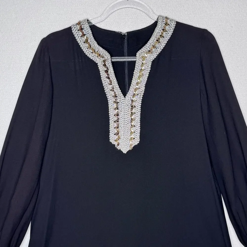 Vintage Black Silver Metallic Sequin Neck Shift A-Line Dress Cocktail M